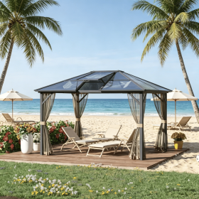 10' X 12' Hardtop Gazebo Canopy - Aluminum Frame Polycarbonate Roof Permanent Outdoor Pavilion for Patio Garden Backyard Deck Lawn Gray Brown