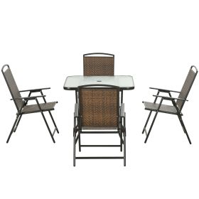 5 Pieces Patio Table and Chairs, Foldable Wicker Outdoor Dining Table Set with Umbrella Hole, Dark Brown