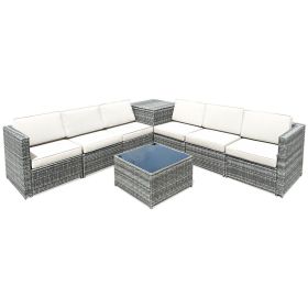 8 Pieces Wicker Sofa Rattan Dining Set Patio Furniture with Storage Table (Color: White)