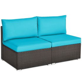 2 Pieces Patio Rattan Armless Sofa Set with 2 Cushions and 2 Pillows (Color: Blue)