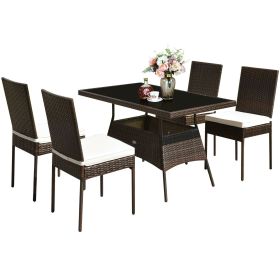 5 Pieces Rattan Dining Set with Glass Table and High Back Chair (Color: Brown)