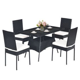 5 Pieces Rattan Dining Set with Glass Table and High Back Chair (Color: Black)