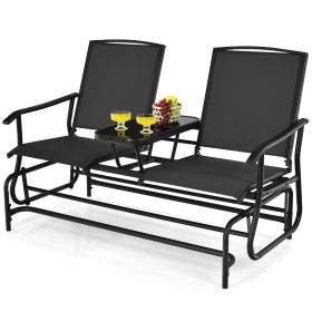 2-Person Double Rocking Loveseat with Mesh Fabric and Center Tempered Glass Table (Color: Black)
