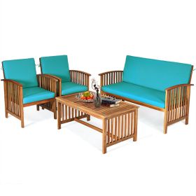 4 Pieces Patio Solid Wood Furniture Set with Water Resistant Cushions (Color: Blue)