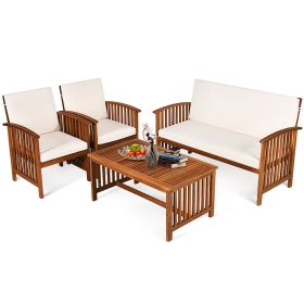 4 Pieces Patio Solid Wood Furniture Set with Water Resistant Cushions (Color: Beige)