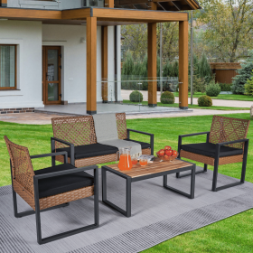 4-Piece Patio Furniture Set Outdoor Balcony Porch Garden Backyard Lawn Furniture Acacia Wood Table Top, Morden Black and Light Brown (Color: as Pic)